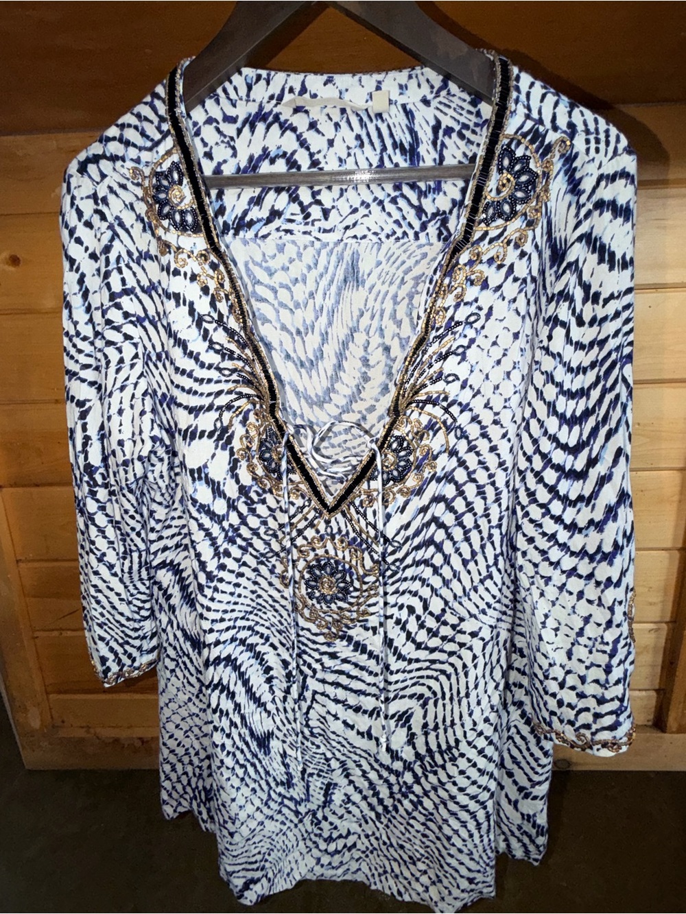 Soft Surroundings Navy and White Embellished V-Neck Tunic